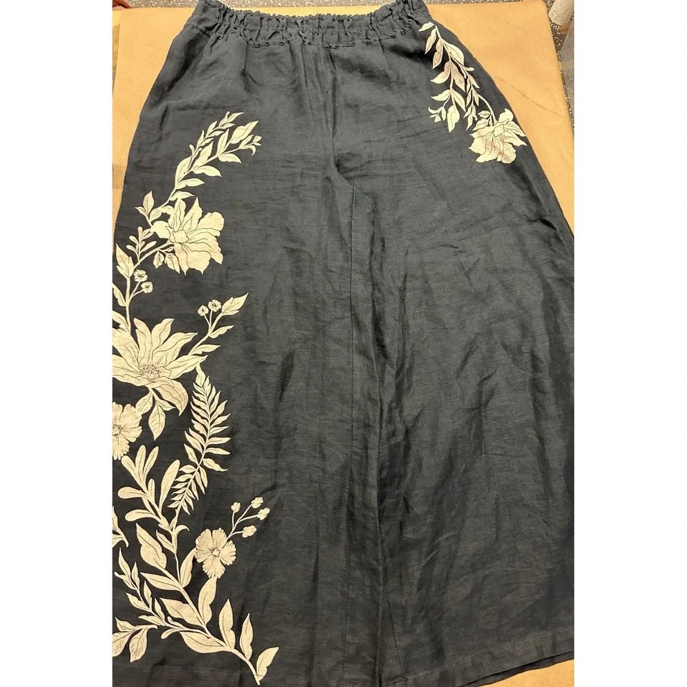 Anthropologie Somerset LINEN WIDE LEG Black Floral Pull-On Pants Cropped Sz M
